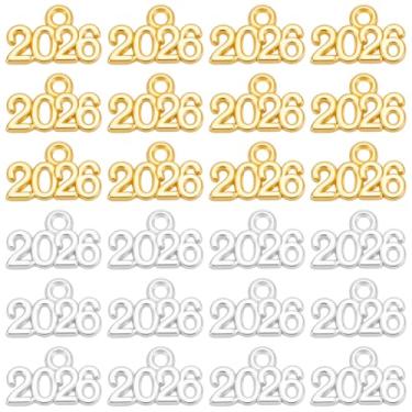 Imagem de SOFPLATE 1 caixa, 100 peças, pingentes de números 2026, pingentes de metal a granel, 2 cores, pequeno, prata brilhante, dourado, para fazer joias, descobertas, artesanato, pulseiras, chaveiro