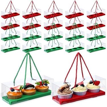 Imagem de Thenshop Conjunto de 20 caixas transparentes para cupcake 23 x 7,6 x 7,6 cm, embalagem portátil de pastelaria com alça de corda, inserções e 3 compartimentos para armazenamento de muffins e