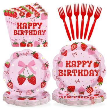 Imagem de Greencian 96 peças de arcos de morango rosa vermelho suprimentos de festa de aniversário de frutas silvestres e guardanapos descartáveis de frutas silvestres para decoração de aniversário, chá de bebê
