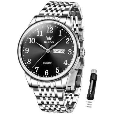 Imagem de OLEVS Relógios masculinos prateados, clássicos, luxuosos, à prova d'água, analógico, quartzo, aço inoxidável, relógio de pulso casual, mostrador grande, com data de dia, relógios para hombres