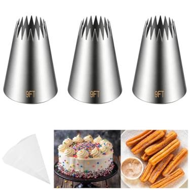 Imagem de 3 pontas de confeitar para churro, pontas de cobertura de aço inoxidável de 2,5 m, pontas de pastelaria Open Star com 10 peças de sacos de confeitar descartáveis para cupcake, cobertura de gelo, assar