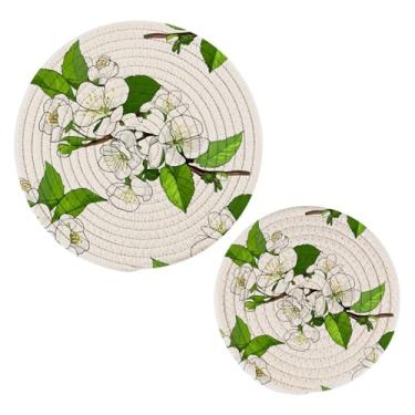 Imagem de Wassud Trivet de flores de cerejeira para pratos quentes, porta-panelas redondas de algodão, almofadas quentes, porta-copos elegantes, decoração de cozinha e acessórios, 2 peças