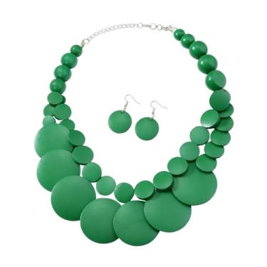 Imagem de GIKILEE Conjunto de brincos de colar de contas de madeira grossa colar tribal africano gargantilha colar geométrico étnico joia declaração, Madeira, Sem Pedra Preciosa