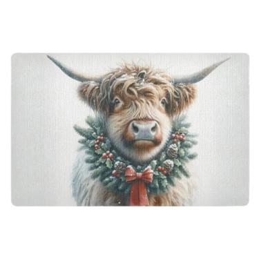 Imagem de Burbuja Highland Cow usando uma guirlanda de Natal tapete de porta frontal para entrada interna e externa, capacho de baixo perfil com suporte de borracha antiderrapante, tapete de porta de baixo