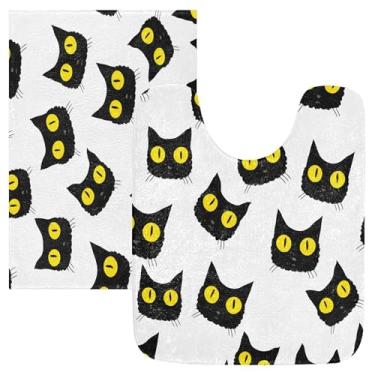 Imagem de Burbuja Lindo conjunto de tapetes de banheiro com cara de gato preto, tapete de banho absorvente de pelúcia macio, base de vaso sanitário antiderrapante para banheiro
