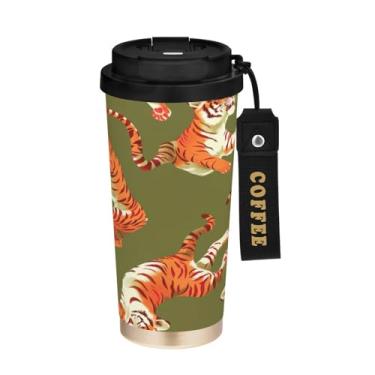 Imagem de YETTASBIN Caneca de café Tiger com isolamento térmico de 482 g com tampa canudo, copo à prova de derramamento e vazamento com alça para bebida quente e fria, garrafa de água de aço inoxidável