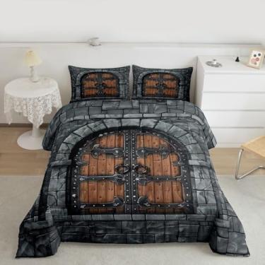 Imagem de Castle Walls Conjunto de edredom solteiro para todas as estações, decoração de quarto de adolescentes, temática medieval de conto de fadas, enchimento interno com 1 fronha