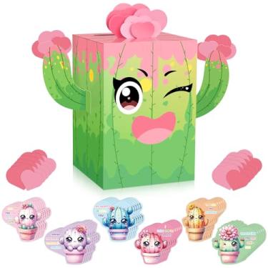 Imagem de Mulbozy Caixa de cartão DIY para Dia dos Namorados com 50 cartões comemorativos, caixa de coleção de cactos do dia dos namorados para troca de presentes em sala de aula, lembrancinha de festa dos