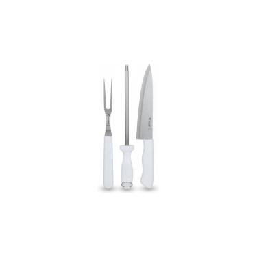 Imagem de Kit Churrasco 3 Peças Faca Garfo Chaira, Aço Inox, Cabo Branco, 30cm, para Carnes