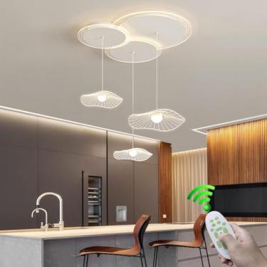 Imagem de Lustre LED moderno e criativo para restaurante, com luz dimerizável, formato de folha de lótus, cúpula de acrílico branco, altura ajustável, ideal para teto, perfeito para quarto, sala de es