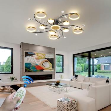 Imagem de Luminária de teto retrô em LED em formato de flor, luminária de cristal decorativa, dimerizável, lustre medieval em metal preto para sala de estar, sala de jantar, quarto e cozinha (10+1 lâm