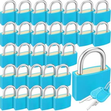 Imagem de Yaocom 30 cadeados com chave, cadeados pequenos de bagagem, cadeados de alumínio com 60 chaves 33 mm, cadeado forte com chaves diferentes para armário de cerca de portão de caixa de ferramentas (azul