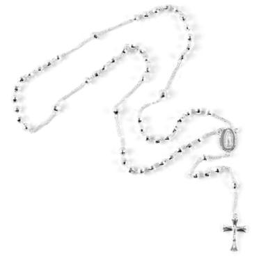 Imagem de Compre colar de rosário LC para mulheres - Colar com cruz Lariat em tom dourado, prateado e três tons - Colares de contas de rosário da moda - 53,3 cm e 66 cm de comprimento de corrente joias