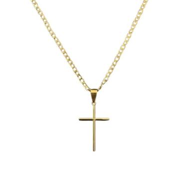 Imagem de Corrente Masculino Groumet Aço Inoxidável Antialérgico 1x1 Banhada a Ouro Cordão Colar 60cm, 3mm + pingente cruz Dourado