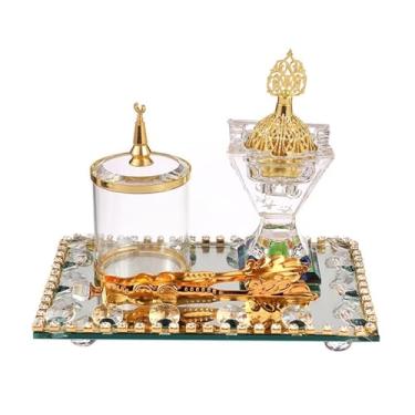 Imagem de porta-vara de incenso Conjunto de queimador incenso cristal 4 peças, conjunto dourado árabe com frasco especiarias e pinças, cone resina olíbano para ioga, spa aromaterapia