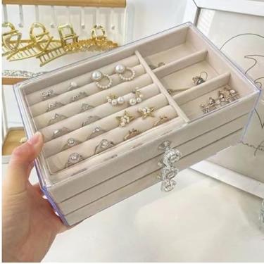 Imagem de Caixa Porta Joias Acrílico Luxo 3 Camadas - Organizador para Brincos, Anéis e Colares, Design Moderno e Empilhável(bege/cinza)