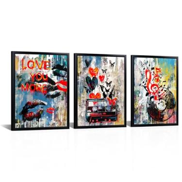 Imagem de iHAPPYWALL 3 peças de arte de parede de arte de parede de música grafite impressão giclée decoração de quarto de estúdio de casa esticada e emoldurada pronta para pendurar
