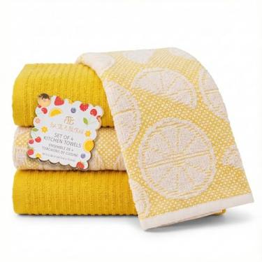 Imagem de MosJos Toalhas de prato de cozinha, toalhas de mão de algodão amarelo e branco com design cítrico, conjunto de 4 panos de prato, 45 x 71 toalhas de secagem toalhas de cozinha