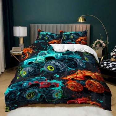 Imagem de AILONEN Conjunto de capa de edredom com estampa de caminhão monstro, tamanho Queen, caminhões de desenho animado para crianças, adolescentes, meninos, capa de edredom de grafite legal, 3 peças, 1 capa