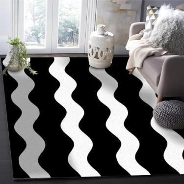 Imagem de Tapetes de banheiro preto e branco com listras onduladas, tapetes para sala de estar, decoração de quarto, tamanho Queen, 50 x 80 cm