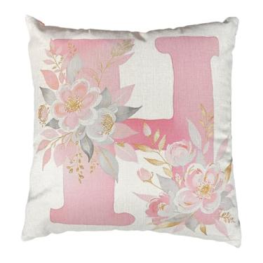 Imagem de kaiwern Capa de almofada com letras, 45,7 x 45,7 cm, alfabeto H, floral, rosa, com letra inicial, fronha, para decoração de ambientes externos, sala de estar, sofá, pátio, quarto