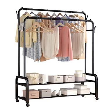 Imagem de A1DFDFGOQSFG Suporte de cabide, cabide de pé livre, com prateleiras de armazenamento de 2 camadas, 4 ganchos, montagem fácil, para roupas, ternos, acessórios, entrada de escritório para quarto, preto.