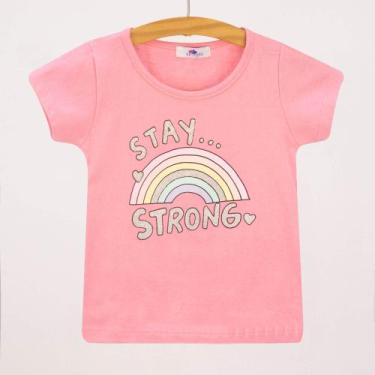 Imagem de Blusa Feminina Infantil Manga Curta Rosa Chiclete Estampa Glitter Arco