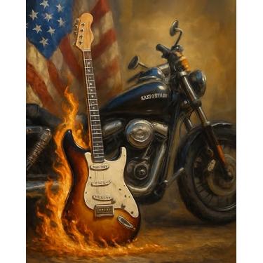 Imagem de TUMOVO Pintura por números para adultos guitarra elétrica e motocicleta pintura por números para adultos tintas de guitarra elétrica flamejante por números para decoração de parede de casa EUA