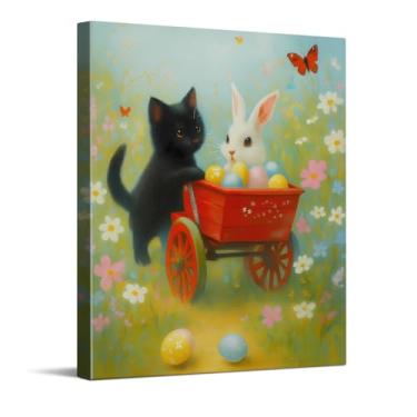 Imagem de Impressões em tela de carrinho de gatinho e coelho, arte de parede em tela com ilustração pastel, decoração de berçário e decoração de quarto infantil, decoração de casa com tema coelhinho da Páscoa