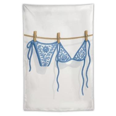 Imagem de Tapeçaria de lingerie branca azul com padrão floral prendedores de roupa aquarela decoração de parede sala de estar quarto decoração de casa enfeite exclusivo pendurado 102 x 152 cm tapeçaria