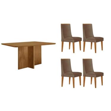 Imagem de Sala Jantar Mesa Berlim Tampo Curvo 120cm+4 Cadeiras Dakota Madeira Naturale - Capuccino/Corano Capuccino - Rufato