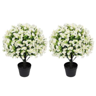 Imagem de Aoutyers Conjunto de 2 plantas artificiais de eucalipto artificial de 61 cm – Vegetação sintética resistente a UV com flores falsas de seda branca em vasos de cimento para decoração de varanda e pátio
