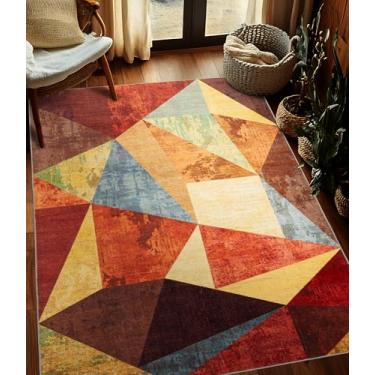 Imagem de YIHOUSE Tapete marrom 12 x 18 cm, tapete geométrico laranja queimado antiderrapante, tapetes laváveis, tapetes vintage vinho para quarto, tapete boho para cozinha, sala de jantar