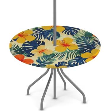 Imagem de Pardick Toalha de mesa redonda para uso ao ar livre com furo de guarda-chuva de 91,4 a 111,8 cm, toalha de mesa elástica com zíper, tropical, palmeira, floral, ao ar livre, redonda, impermeável