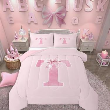 Imagem de Erosebridal Conjunto de edredom Queen com monograma, laço inicial para meninas, colcha com letra T, presentes de aniversário modernos para mãe, filha, irmã, namorada, macio e leve (T)