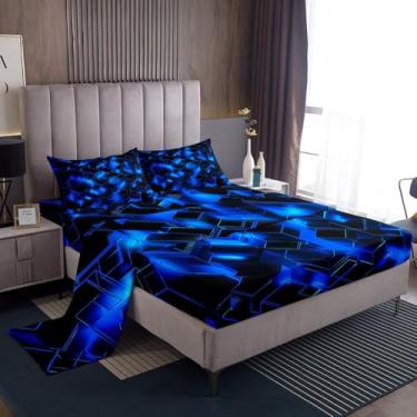 Imagem de jejeloiu Jogo de lençol solteiro com colmeia azul neon preto e colmeia com bolso alto, hexagonal, decoração de quarto, moderno, 3 peças