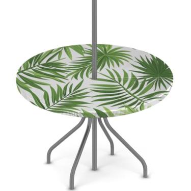 Imagem de Pardick Toalha de mesa redonda para uso ao ar livre com furo de guarda-chuva de 91,4 a 111,8 cm, toalha de mesa elástica com zíper, folhas verdes, toalha de mesa redonda, impermeável, com zíper, para