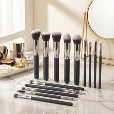 Imagem de Conjunto de 14 pincéis de maquiagem para base, pó, sombra, corretivo e blush, conjunto de pincéis de maquiagem sintéticos macios para uso diário e em viagens, preto e prata