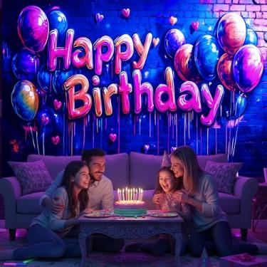 Imagem de Manicer Tapeçaria de feliz aniversário com luz negra – pano de fundo de festa de balão de néon reativo UV, que brilha no escuro colorido para decoração de aniversário, cabine de fotos, decoração de
