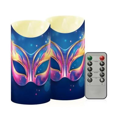 Imagem de Wassud Pacote com 2 velas sem chama com estampa de máscara de carnaval com controle remoto, velas realistas cintilantes com temporizador, velas decorativas para Natal, casamento, festa, decoração de