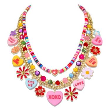 Imagem de HSWE Colares femininos em camadas de coração para dia dos namorados engraçados surfista Heishi contas de ouro conversação corações pingente gargantilha colar joia presente de aniversário para ela