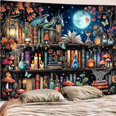 Imagem de Accnicc Tapeçaria de estante de dragão cogumelo bruxo tapeçarias para pendurar na parede gótica medieval fantasia lua escura academia livro tapeçaria extra grande para quarto sala de estar dormitório