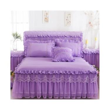 Imagem de Conjunto de cama de renda com babados de princesa chique, 1 colcha de renda com 2 fronhas (roxo, completo 150 x 200 cm, 3 peças)