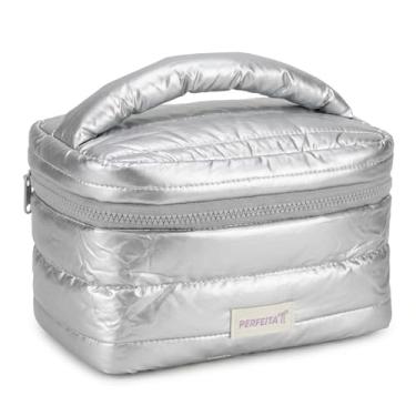 Imagem de Frasqueira Necessaire Puffer Premium Organizadora de Maquiagem e Viagem - Bolsa de Cosméticos Feminina Grande Capacidade Acolchoada - Design Moderno (Prata)