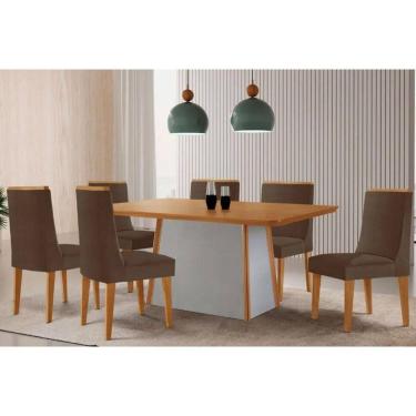 Imagem de Conjunto Sala de Jantar Tilia c/ Tampo Madeirado Canto Curvo 180x90cm e 6 Cadeiras Dakota Madeira Maciça Naturale/Off White - Capuccino/Suede Marrom-R