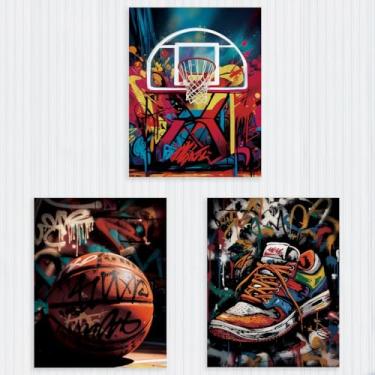 Imagem de 3 peças de pôsteres de arte de parede de grafite de basquete sem moldura, quadra de basquete, pintura com impressão de pôster, pintura de impressão de pôster, grafite abstrato retrô para fãs de