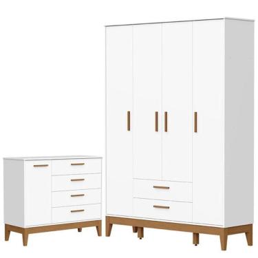 Imagem de Guarda Roupa Infantil Flip 4 Portas Com Cômoda Sapateira Infantil Flip Branco Acetinado - Reller