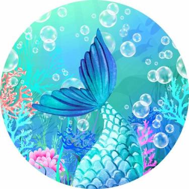 Imagem de Painel de Tecido Sublimado Redondo Fundo do Mar Cauda de Sereia Bolhas