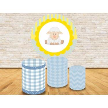 Imagem de Kit Completo Trio Capa Cilíndrica  Painel de Tecido Redondo Ovelhinha 