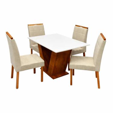 Imagem de Mesa de Jantar Classic 120x80cm com Vidro e 4 Cadeiras Giulia em Linho Estofadas Cel Móveis Cor Cinamomo Off White com Tecido Bege